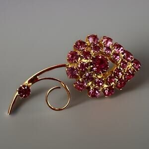 Vintage Pink Rhinestone Flower Brooch Pin Gold Tone Floral 1960s Floral 2”